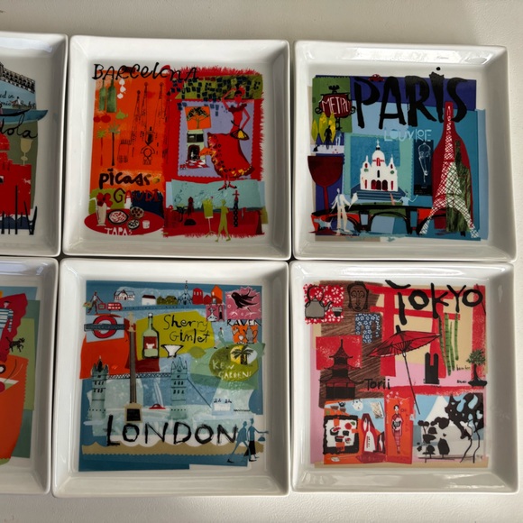 CRATE & BARREL City Scenes Square Appetizer  Plates Tray Road Trip, Set Of 6 - Picture 2 of 8